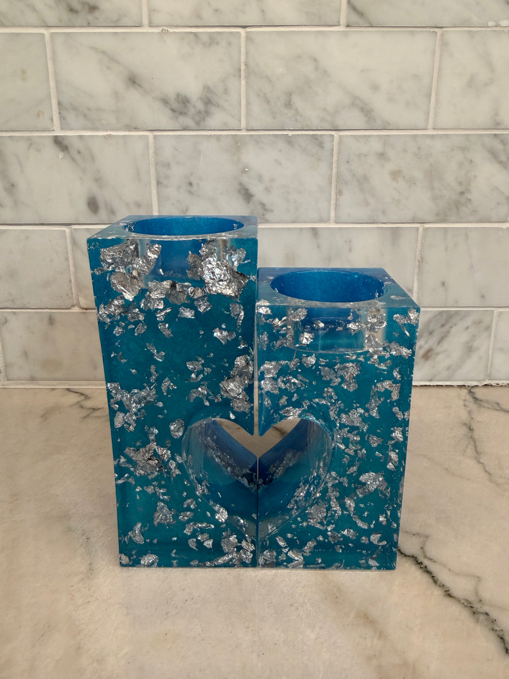 Silver Leaf & Blue Tealight 2-Piece Set