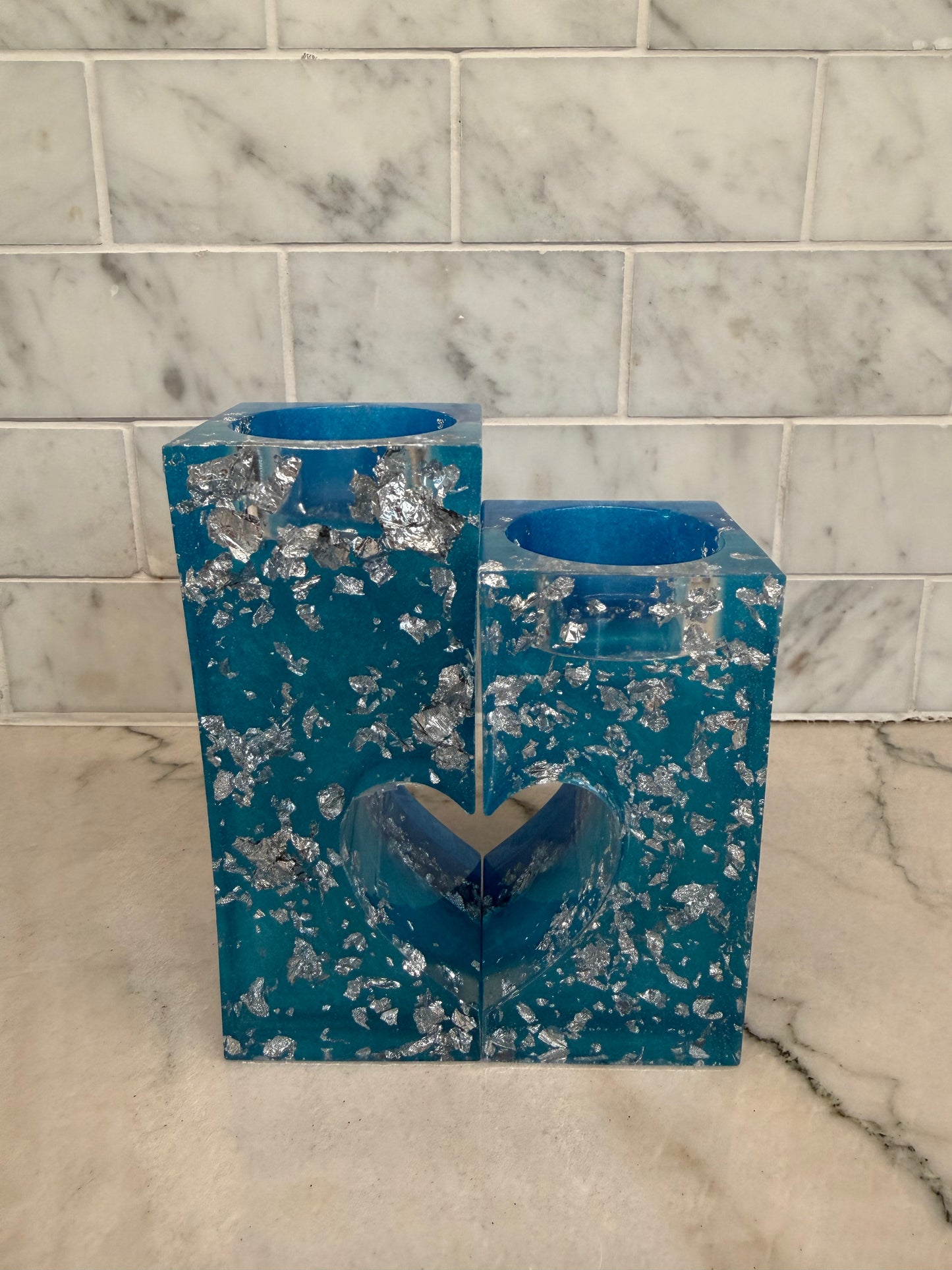 Silver Leaf & Blue Tealight 2-Piece Set