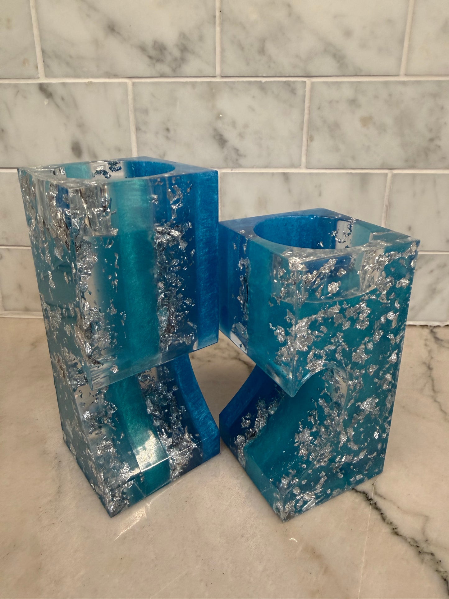 Silver Leaf & Blue Tealight 2-Piece Set