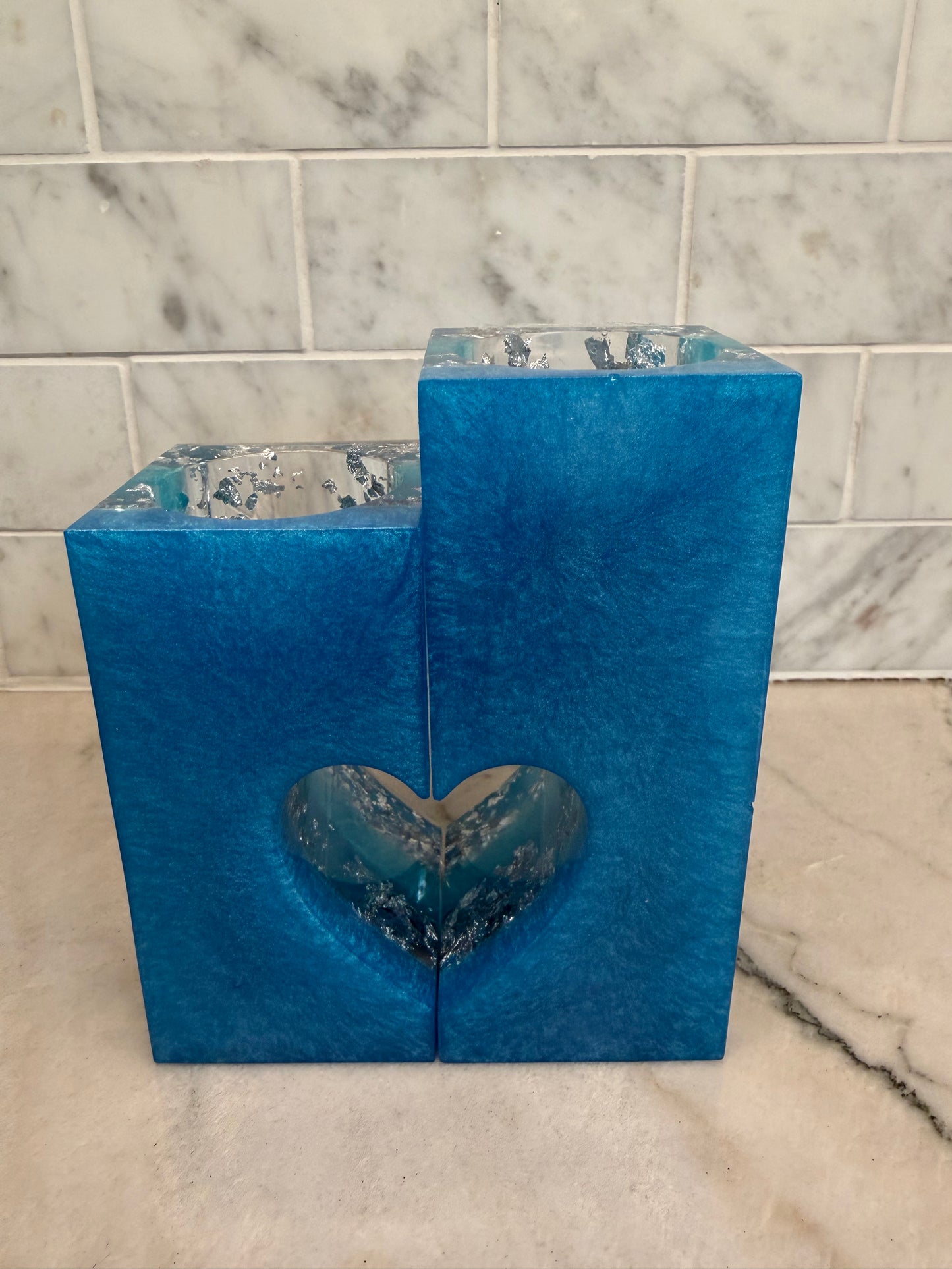 Silver Leaf & Blue Tealight 2-Piece Set