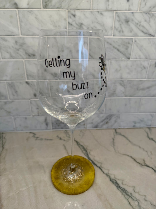 Getting My Buzz On Wine Glass with Built In Honey Resin Coaster