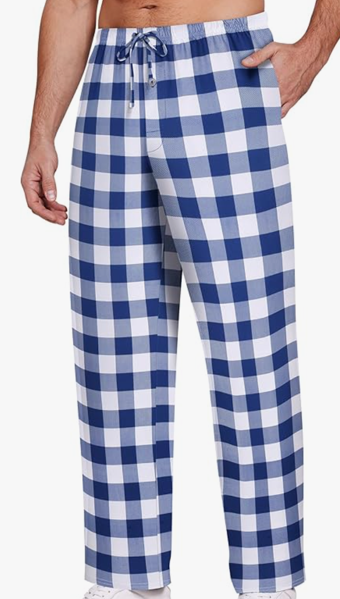 Stretchy Polyester Blue Plaid PJ Pants - Orange - ADULT